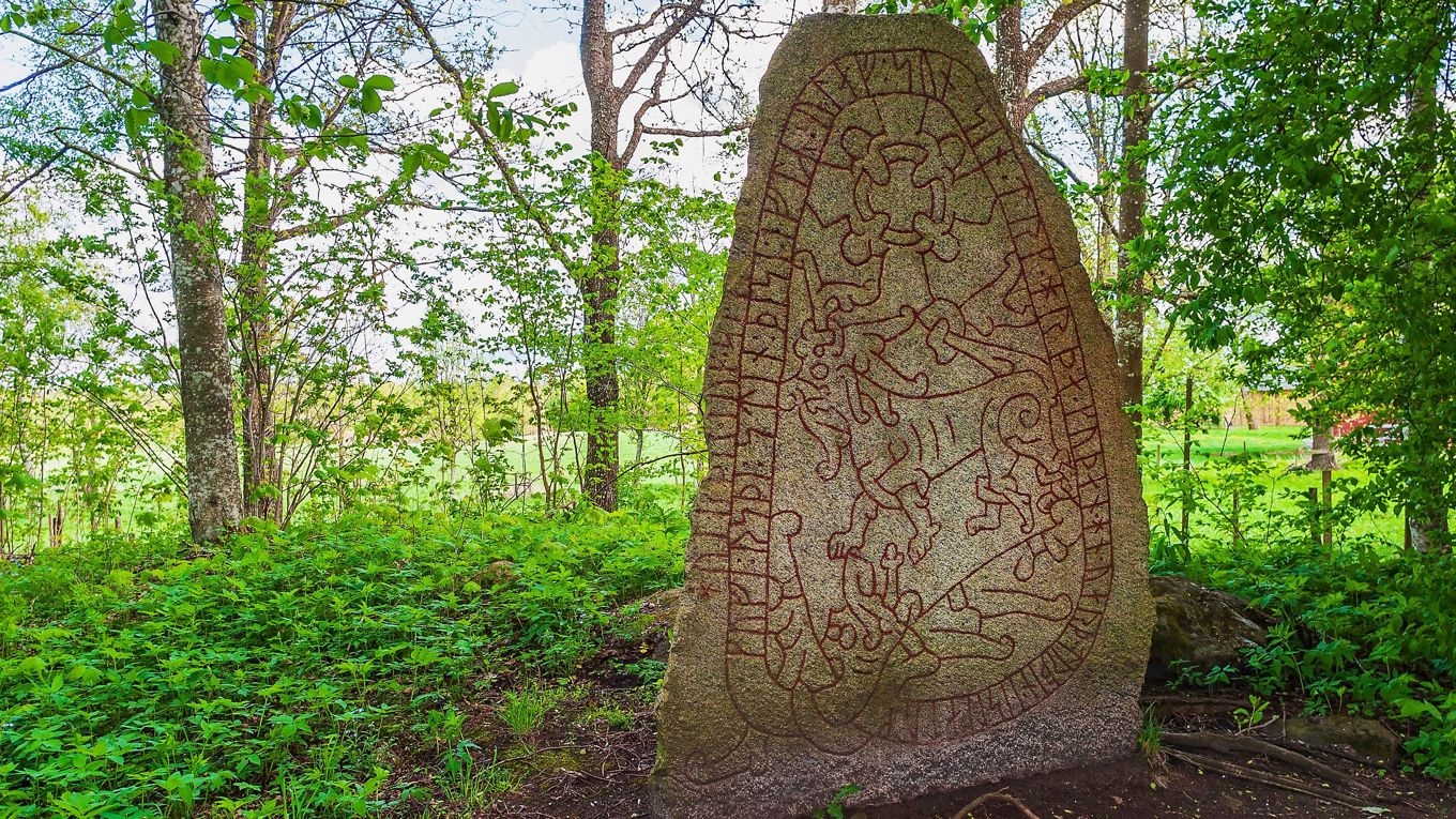 Olsbrostenen tros vara rest under 970-talet. ”Guve reste denna sten efter Olav, sin son, en mycket dugande ung man. Han blev dräpt i Estland. Håvard högg stenen.” Foto: Lasse Johansson/Shutterstock