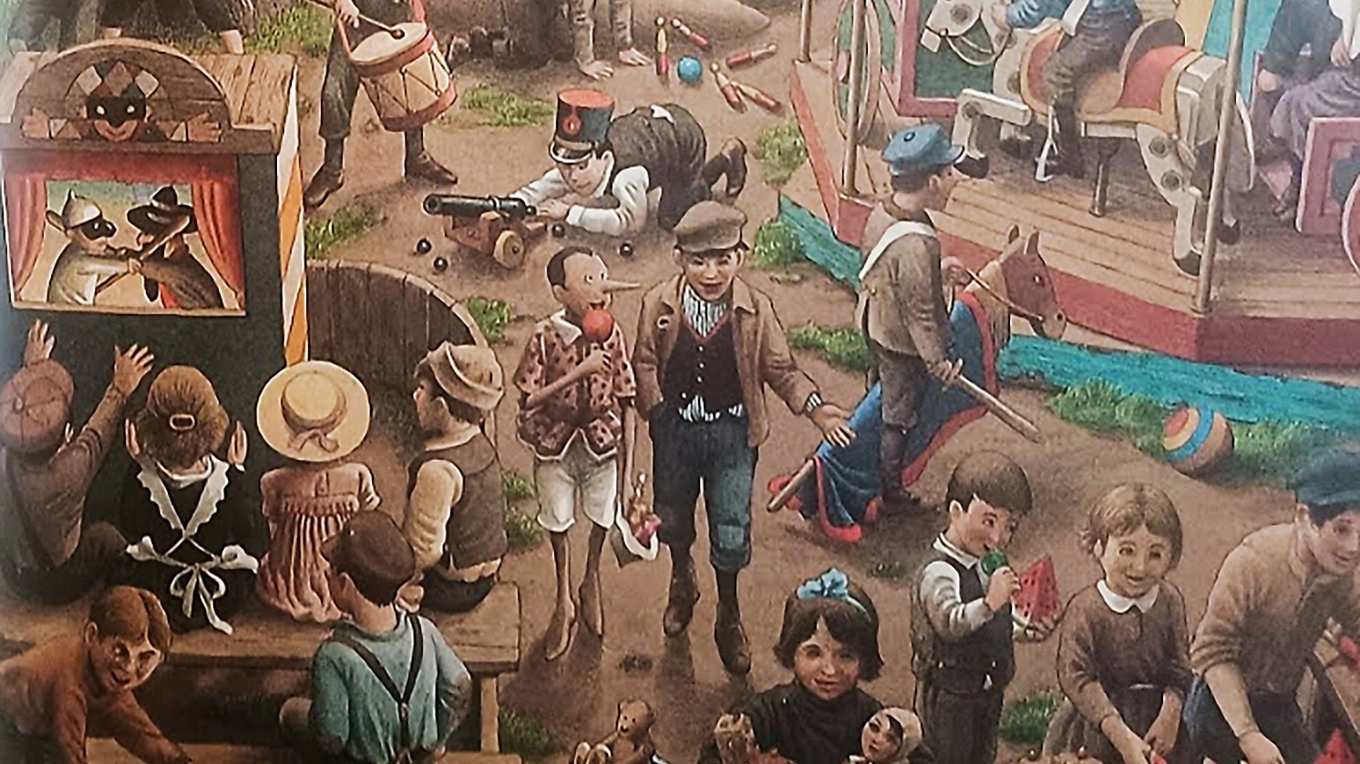 Detalj ur en av Roberto Innocentis illustrationer till sagan, där vi ser Pinocchio i Leklandet. Foto: Privat