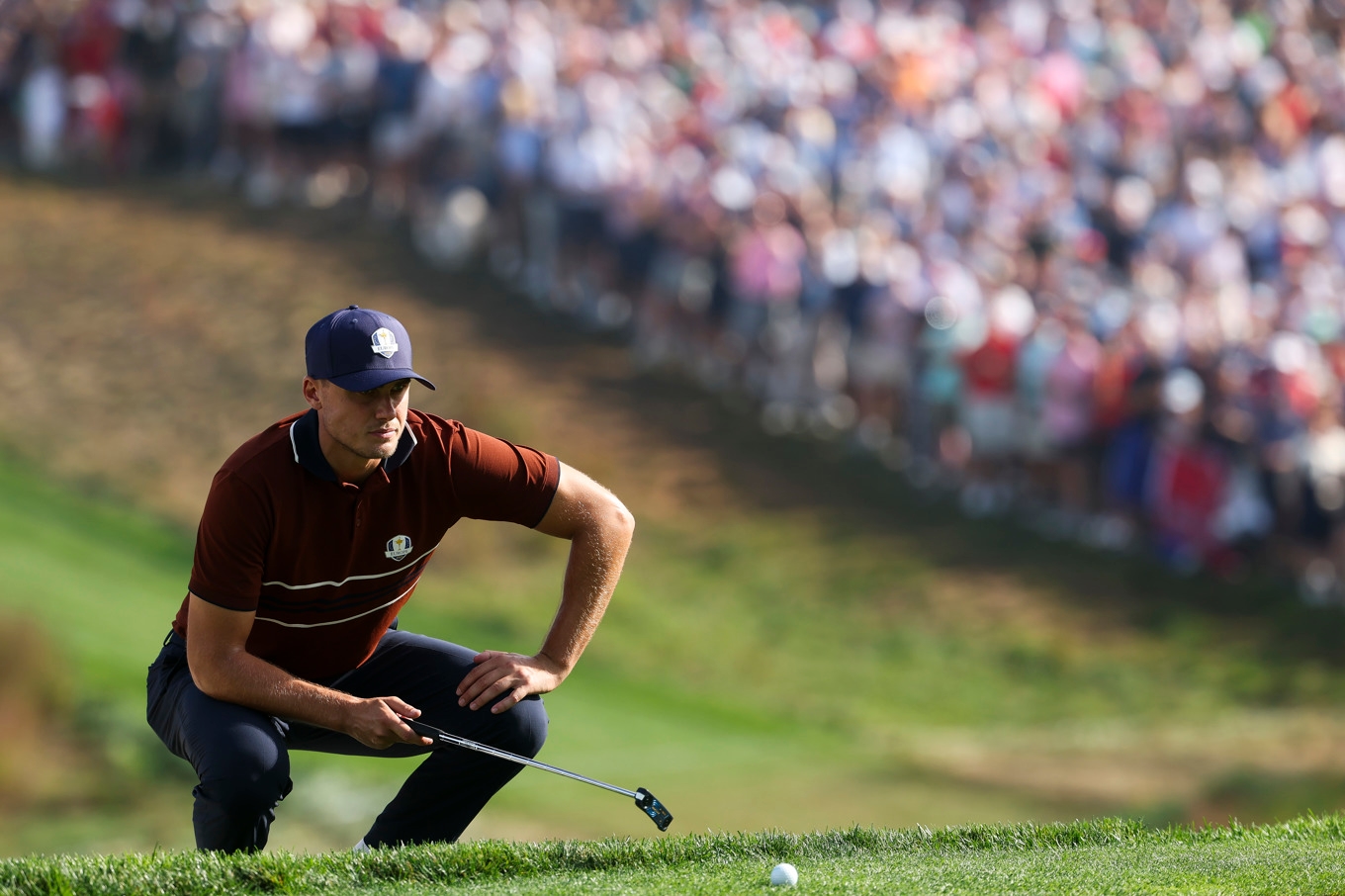 Ludvig Åberg Ryder Cup-debuterade i Rom för två år sedan men helgens bortamatch inför skränande och stundtals osportslig publik är en ny upplevelse för svensken som ikväll möter Patrick Cantley. Foto: Jamie Squire/Getty Images