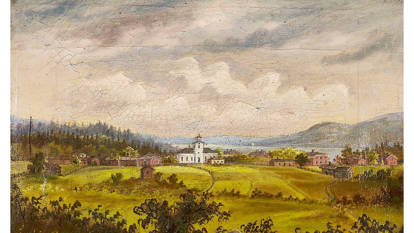 Landskap med kyrka, 1800-tal, Sverige, olja på duk. Okänd konstnär. Foto: Crafoord Auktioner