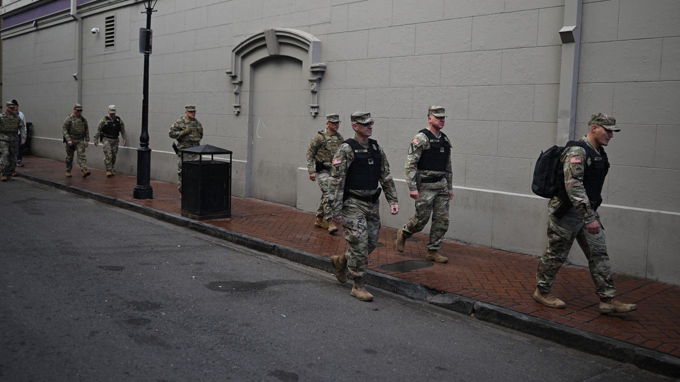 Nationalgardister i New Orleans i Lousiana den 2 januari i år efter att det skett en terrorattack på Bourbon Street dagen innan. Foto: Andrew Caballero-Reynolds/AFP via Getty Images