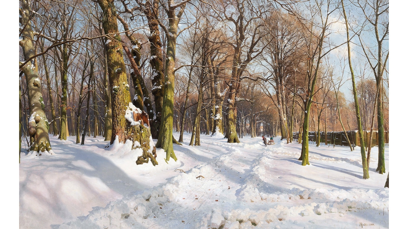 ”Snöklädd skogsväg i solljus” (1908) av Peder Mørk Mønsted. Foto: Public Domain/Wikimedia Commons