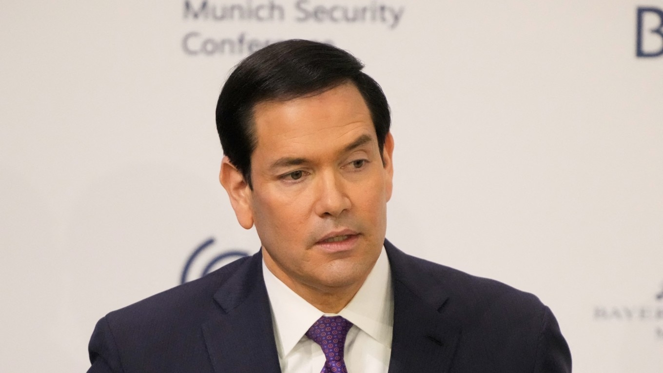 USA:s utrikesminister Marco Rubio talar på säkerhetskonferensen i München i Tyskland på lördagen 14 februari. Foto:Alex Brandon/POOL/AFP via Getty Images