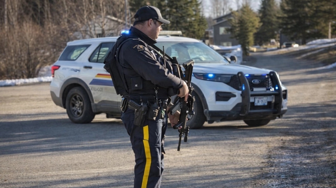 Polis på plats efter masskjutningen i Tumbler Ridge, Kanada. Foto: Melody Gjertsen