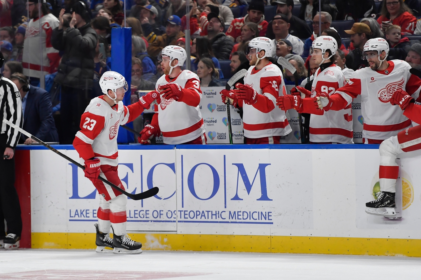 Detroits Lucas Raymond firar sitt mål i matchen. Foto: Adrian Kraus/AP/TT