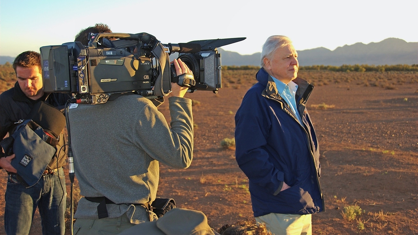 David Attenborough mitt i naturen – som så ofta i sällskap med en filmkamera. Foto: Anthony Geffen/Atlantic Productions