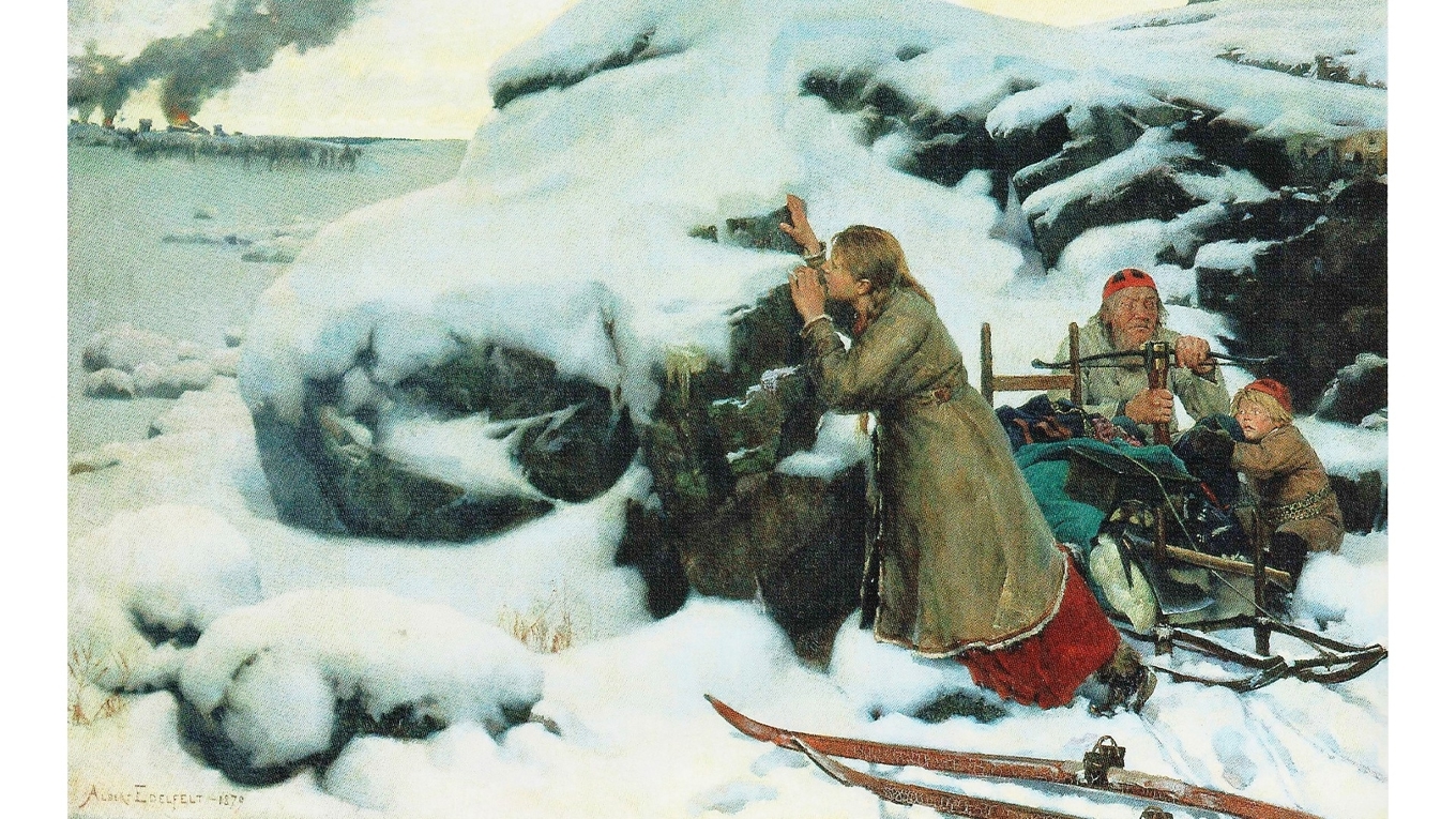 År 1879 avbildade konstnären Albert Edelfält sin version av klubbekriget i målningen ”Den brända byn”. Målningen finns i dag på Finlands nationalmuseum. Foto: Wikimedia Commons