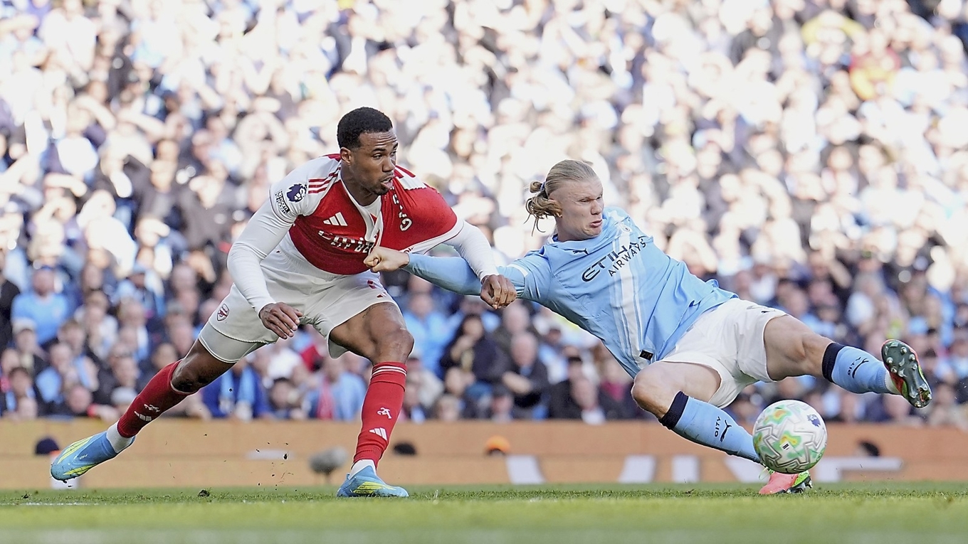 Erling Haaland avgör förra helgens seriefinal för Manchester City mot Arsenal. Foto: Mertin Rickett/AP/TT-Bild
