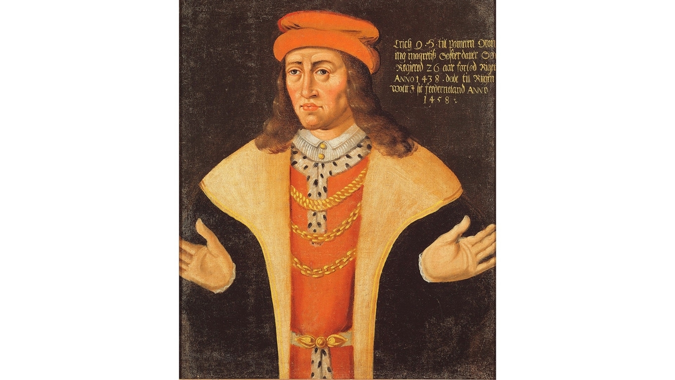 Porträtt av Erik av Pommern på Gripsholms slott, utfört av en okänd konstnär. Erik ska ha varit blond, och de mörka färgerna ses ibland som en tolkning av hans tid på tronen. Foto: Nationalmuseum/Wikimedia Commons