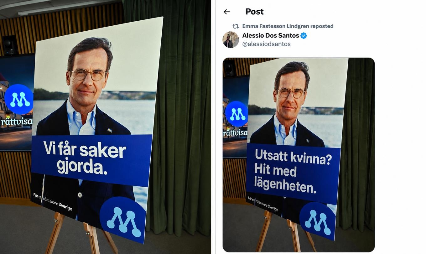 Till vänster: Verklig valaffisch från Moderaterna. Foto: 
Claudio Bresciani/TT. Till höger: Fejkad valaffisch som sprids av personer anställda på Socialdemokraternas kontor på Sveavägen 68. Foto: Screenshot/X