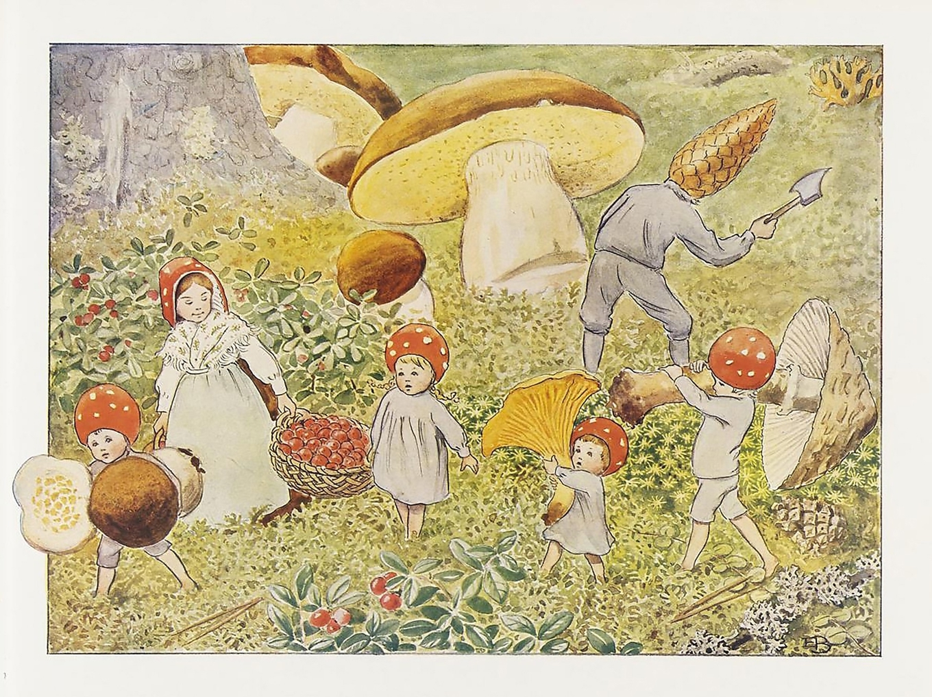 ”Tomtebobarnen” (1910). En familj bor under en tallrot, och årstidernas växlingar speglas i djur- och växtlivet. Foto: Göteborgs universitetsbibliotek och Litteraturbanken.se