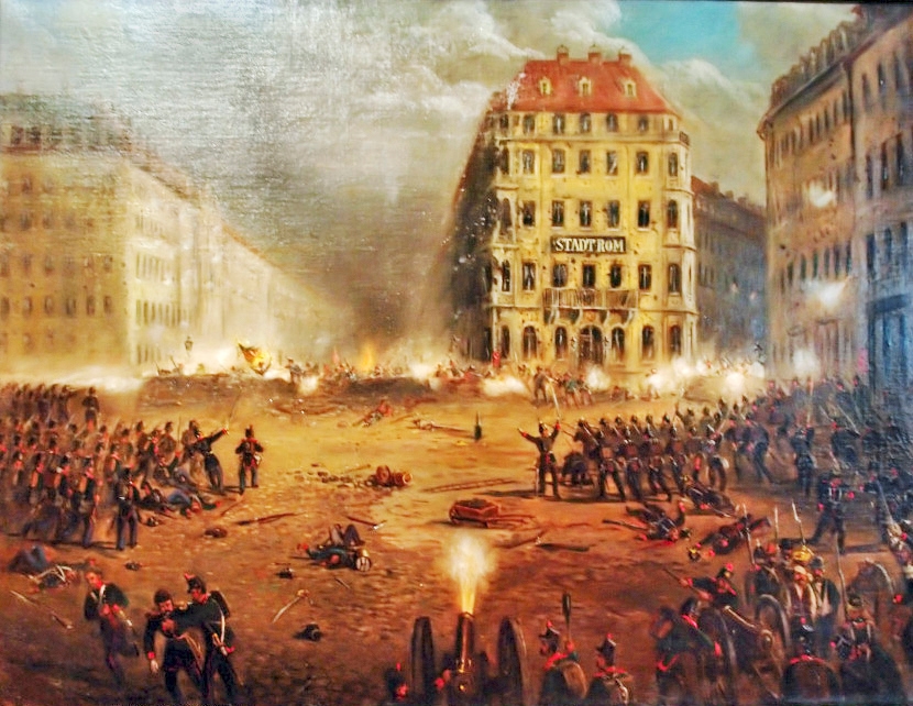 Barrikader och gatustrider i Dresden, maj 1849. Okänd konstnär. Foto: Koroesu/Wikimedia Commons