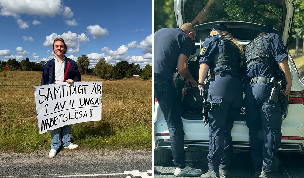 S-studenter protesterar mot regeringens politik. Säkerheten på Harpsund är rigorös, här kontrollerar polisen ett fordon. Foto: Staffan Erfors