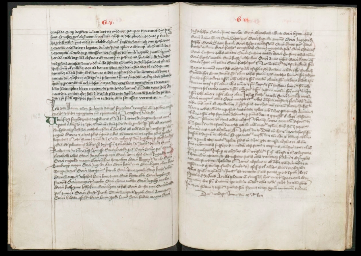 Avlatsbrevet utfärdat av det påvliga sändebudet 1462, vilket nämner Margareta, hennes medsystrar och bröder samt klostrets dåvarande abbedissa Ingeborg. Foto: Svenskt diplomatariums huvudkartotek/Riksarkivet