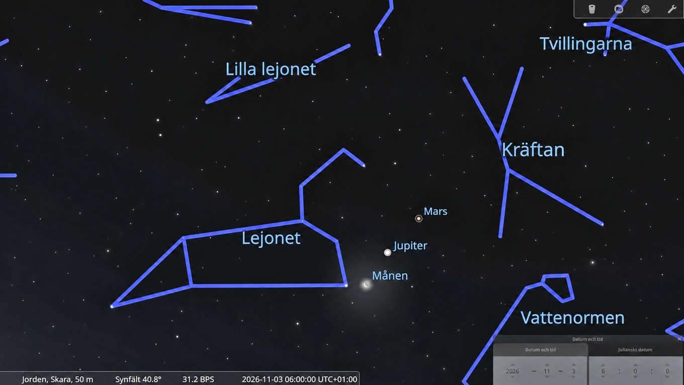 Vy högt uppe i sydsydost, kl. 06.00 den 3 november. Foto: Stellarium
