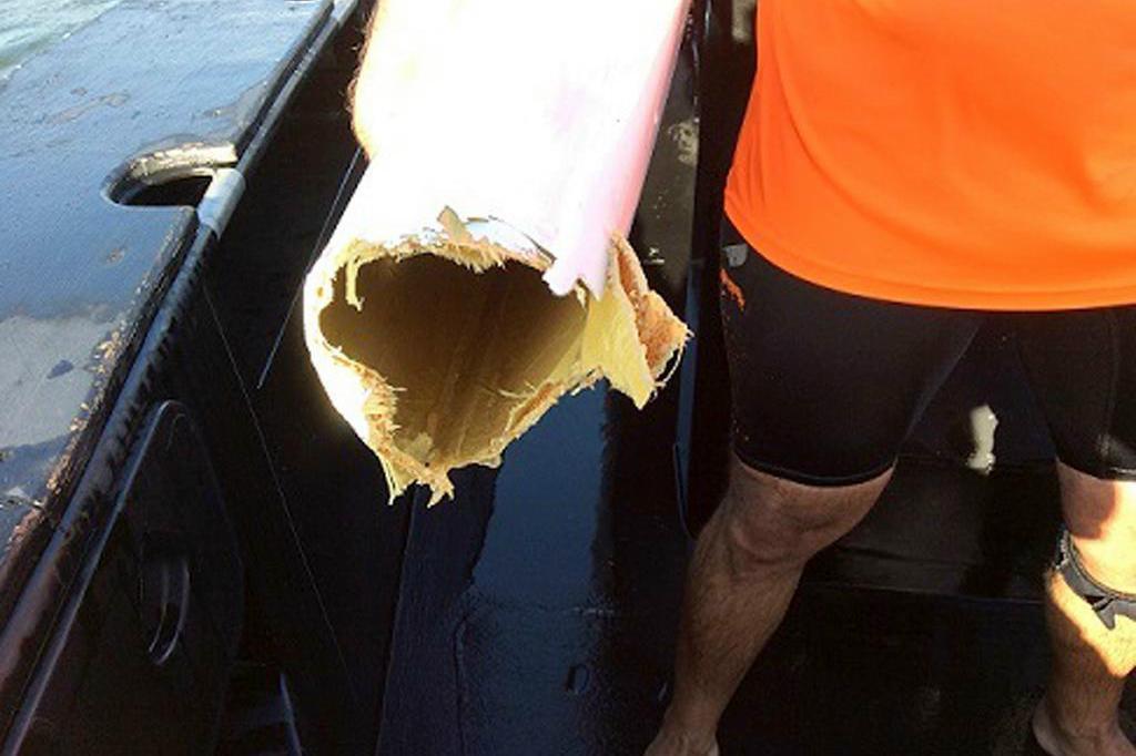 
Gavin Kleidon håller i en bit av sin trasiga kajak. Den 39-åriga mannen överlevde en hajattack utanför Brisbane. Foto: AP/TT                                            
