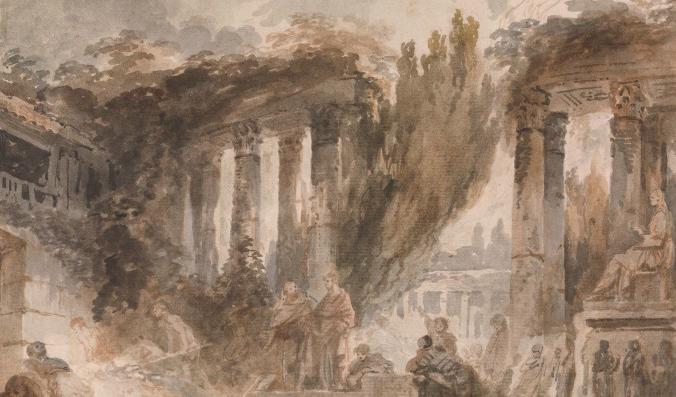 


”Cappriccio: Utgrävning av de romerska ruinerna”, 1760-62 Jean-Honoré Fragonard (Frankrike 1732-1806). Brun och grå vattenfärg över svart krita på antikt papper. Privat ägo. Foto: The Metropolitan Museum of Art                                                                                                                                    