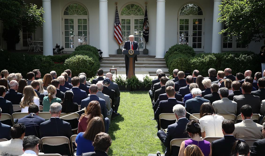 President Donald Trump i Vita husets rosenträdgård den 1 juni 2017 där han förkunnar sitt beslut att lämna Parisavtalet. Foto: Win McNamee/Getty Images.