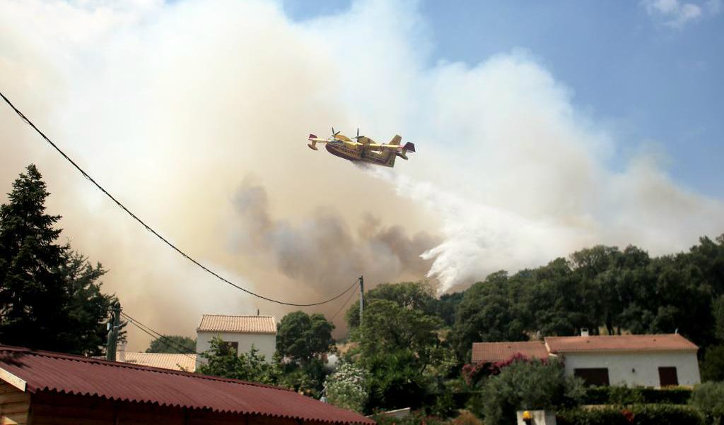 
Ett Canadair-plan släpper vatten vid byn Ortale på Korsika. Foto: Raphael Poletti/AP/TT                                            