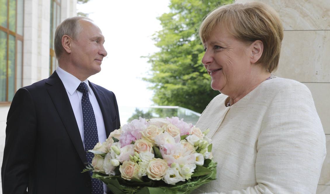 Rysslands president Vladimir Putin hälsade Tysklands förbundskansler Angela Merkel med en bukett blommor när hon besökte ryska semesterorten Sotji i maj. Foto: Mikhail Klimentjev/AP/TT-arkivbild