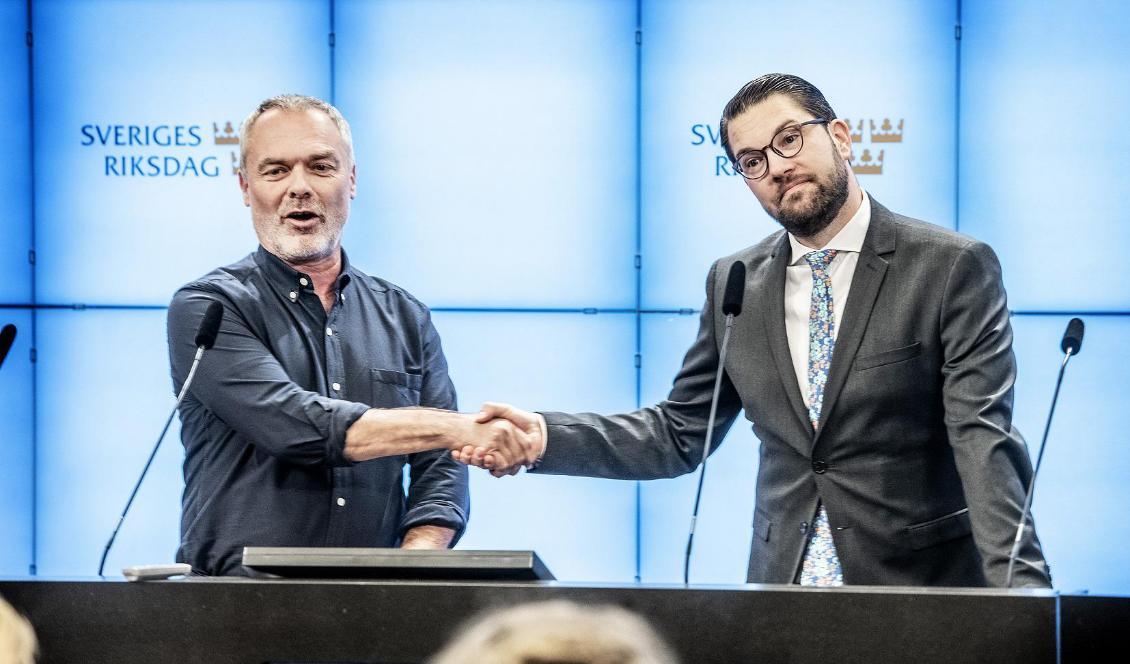 Partiledarna Jan Björklund från Liberalerna och Jimmie Åkesson från Sverigedemokraterna. Foto: Tomas Oneborg/SvD/TT-arkivbild