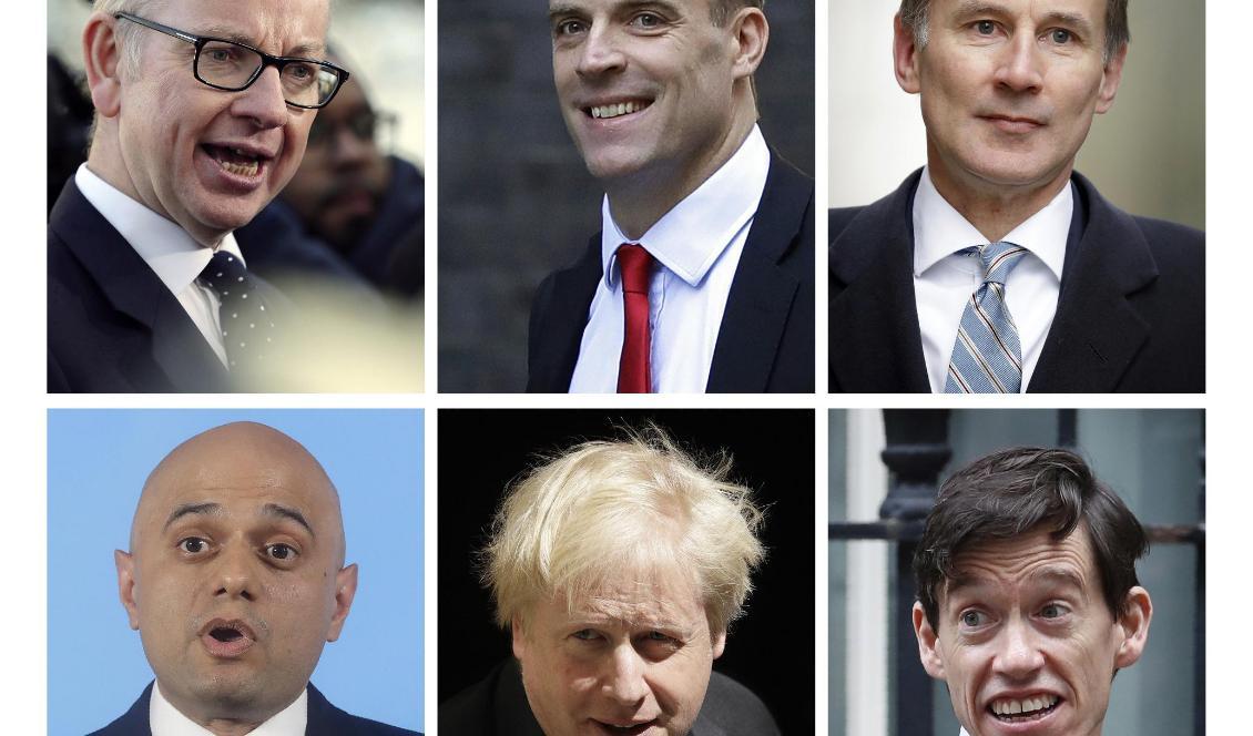 De sex kvarvarande kandidaterna till posten som ledare för Konservativa partiet: Michael Gove, Dominic Raab och Jeremy Hunt på övre raden och Sajid Javid, Boris Johnson och Rory Stewart på den nedre. Foto: AP/TT