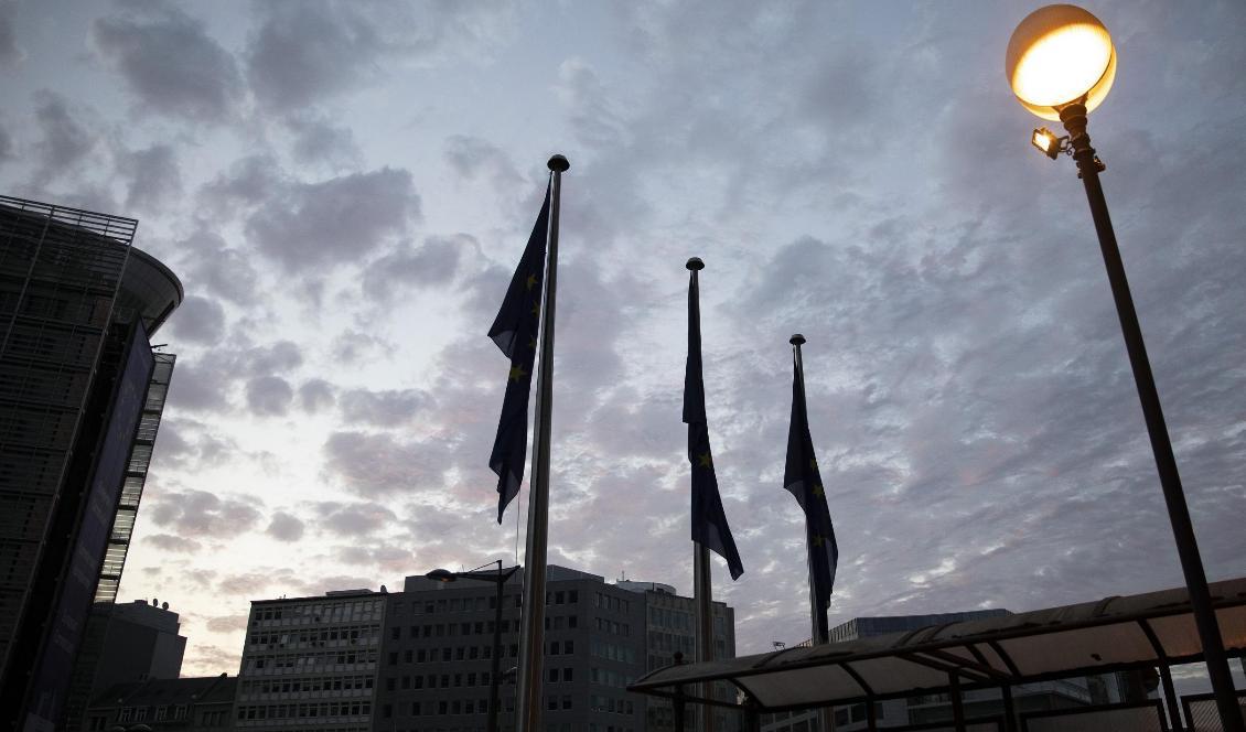 EU-flaggor slokar i gryningen i Bryssel när EU:s stats- och regeringschefer suttit hela natten men ändå inte enats om vem som ska få vilket toppjobb. Foto: Virginia Mayo/AP/TT