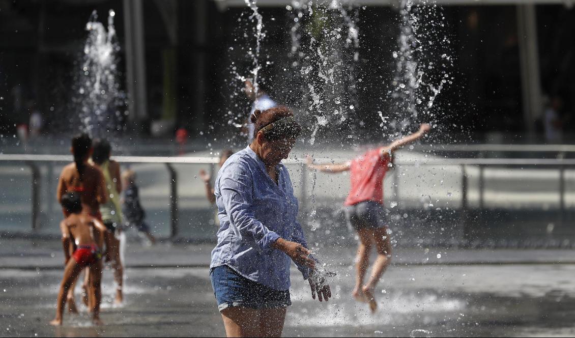 
En kvinna svalkar sig i en fontän i Milano under en värmebölja i fjol. Nu i veckan väntas extrem hetta välla in över Västeuropa. Foto: Antonio Calanni/AP/TT-arkivbild                                                