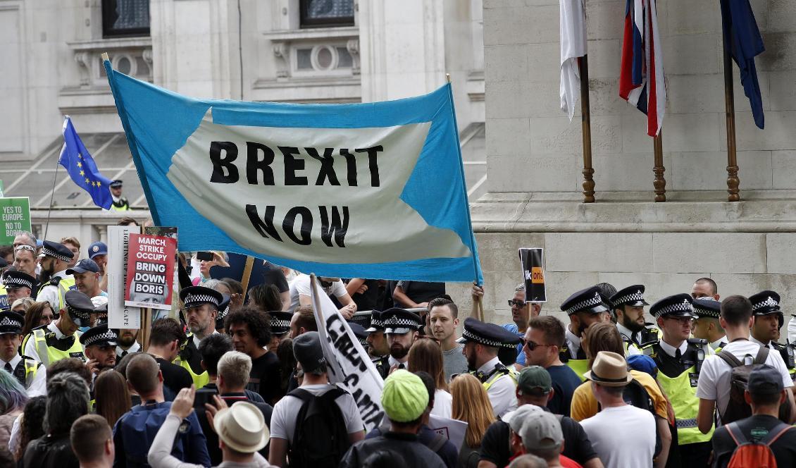 Brexitanhängare under en demonstration i London den 31 augusti. Foto: Alastair Grant/AP/TT-arkivfoto