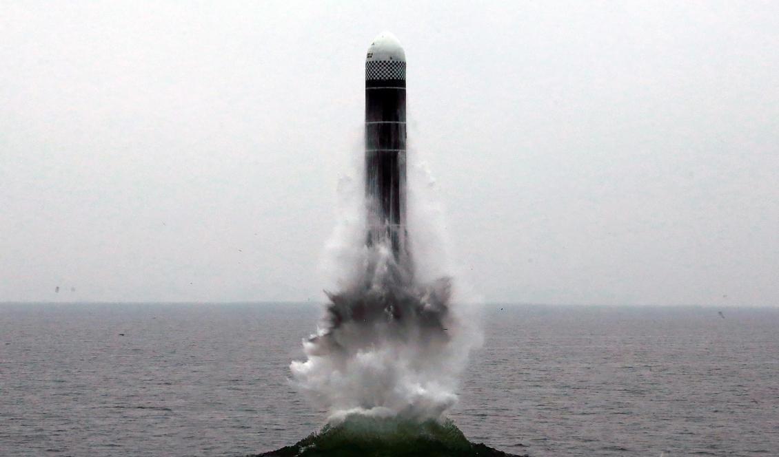 Fotot visar, enligt regeringen i Nordkorea, en robot som i onsdags sköts upp från vattnet utanför den östra kuststaden Wonsan. Foto: AP/TT