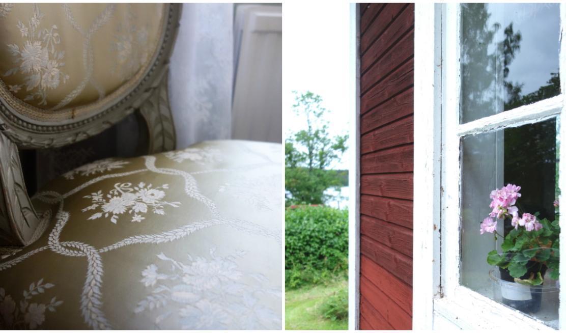


En stol med fin klädsel fanns i herrgården och i sommarstugan en rosa pelargon. Foto: Eva Sagerfors/Epoch Times                                                                                                                                                