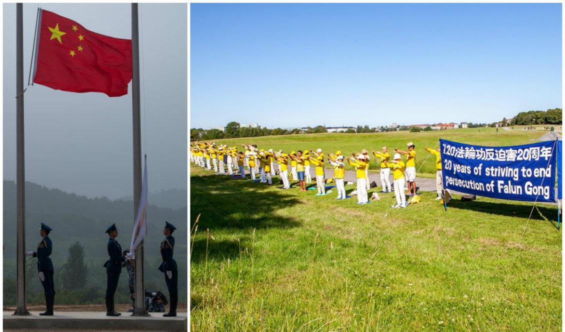



Bildtext: (V) Kinas flagga hissas i Guanghou. Foto: STR/AFP via Getty Images. (H) Falun Gong-utövare håller en fredlig protest på Gärdet utanför Kinas ambassad, Stockholm, den 20 juli 2019. Foto: Zhihe Li                                                                                                                                                                                                