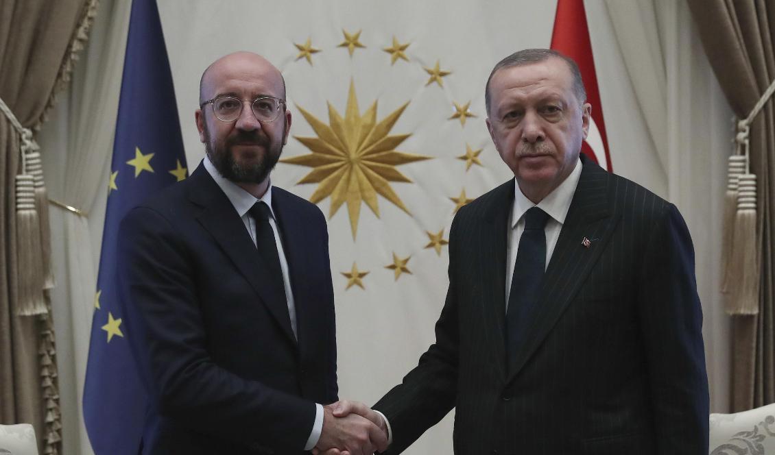 EU:s permanente rådsordförande Charles Michel och Turkiets president Recep Tayyip Erdogan i Ankara den 4 mars. Foto: Turkiska presidentämbetets presstjänst/AP/TT