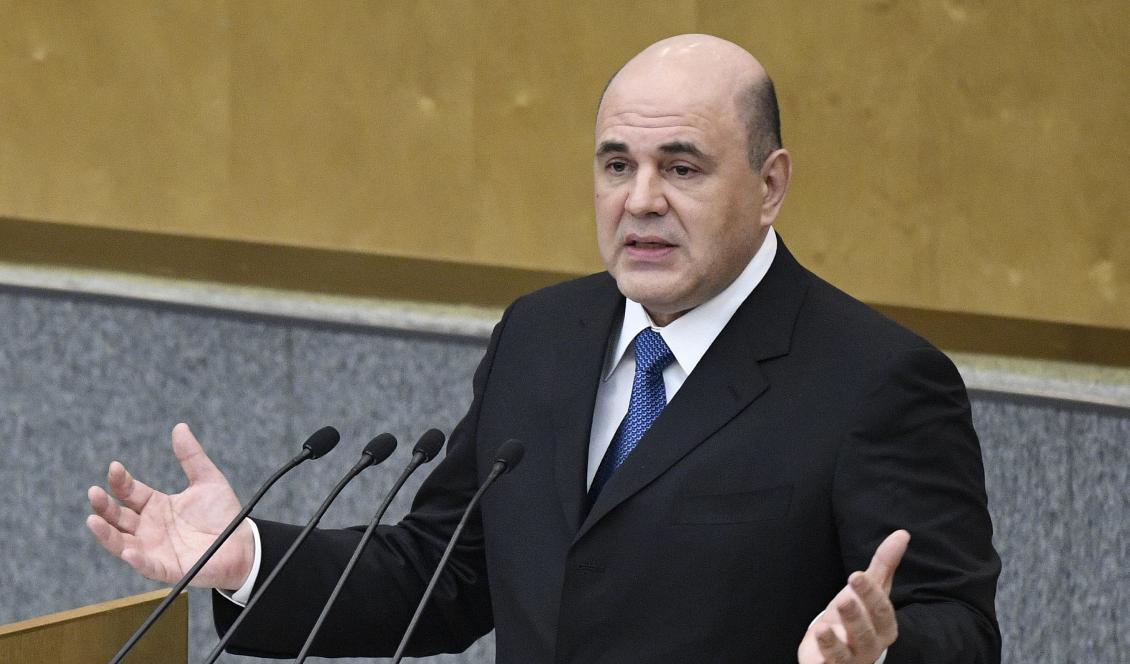 
Michail Misjustin talar i duman i Moskva den 16 januari 2020 då han var nominerad som premiärminister. Foto: Alexander Nemenov/AFP via Getty Images                                                
