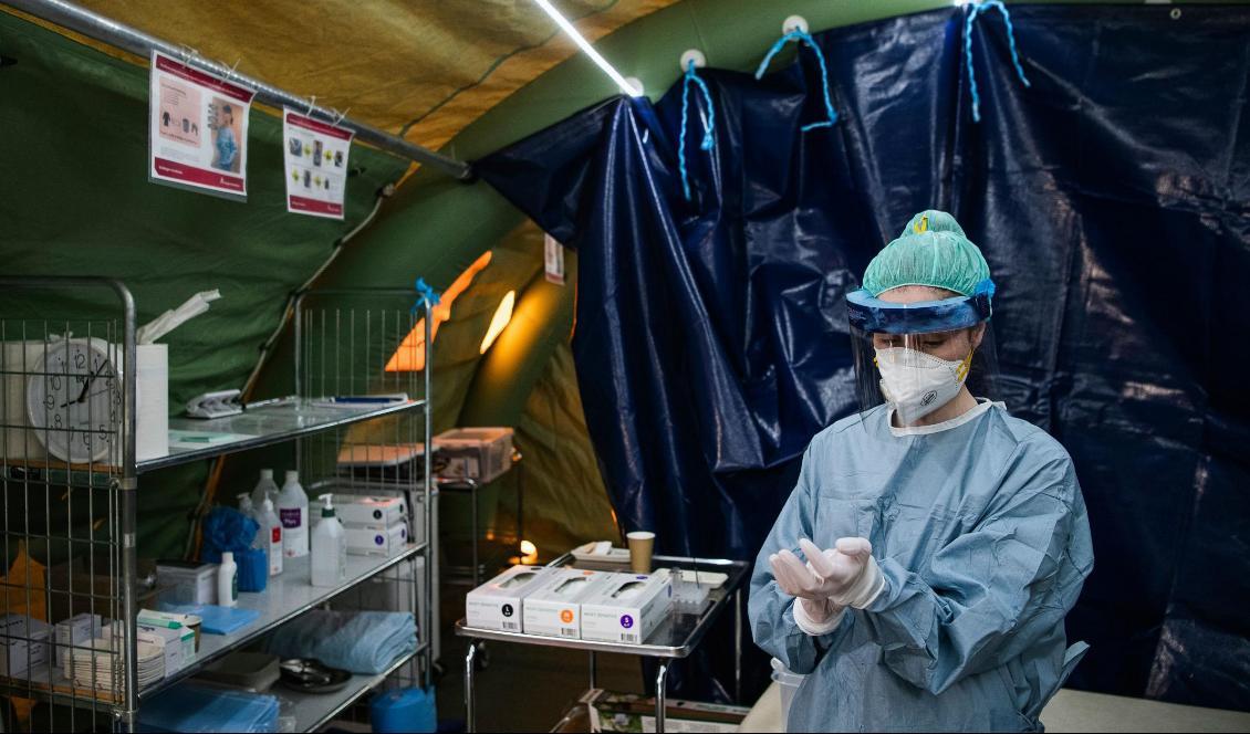 Läkaren Shayma Radi i ett tält vid Sophiahemmet i Stockholm gör sig redo att testa patienter för  covid-19. Bilden är från den 19 april 2020. Foto: Jonathan Nackstrand/AFP via Getty Images