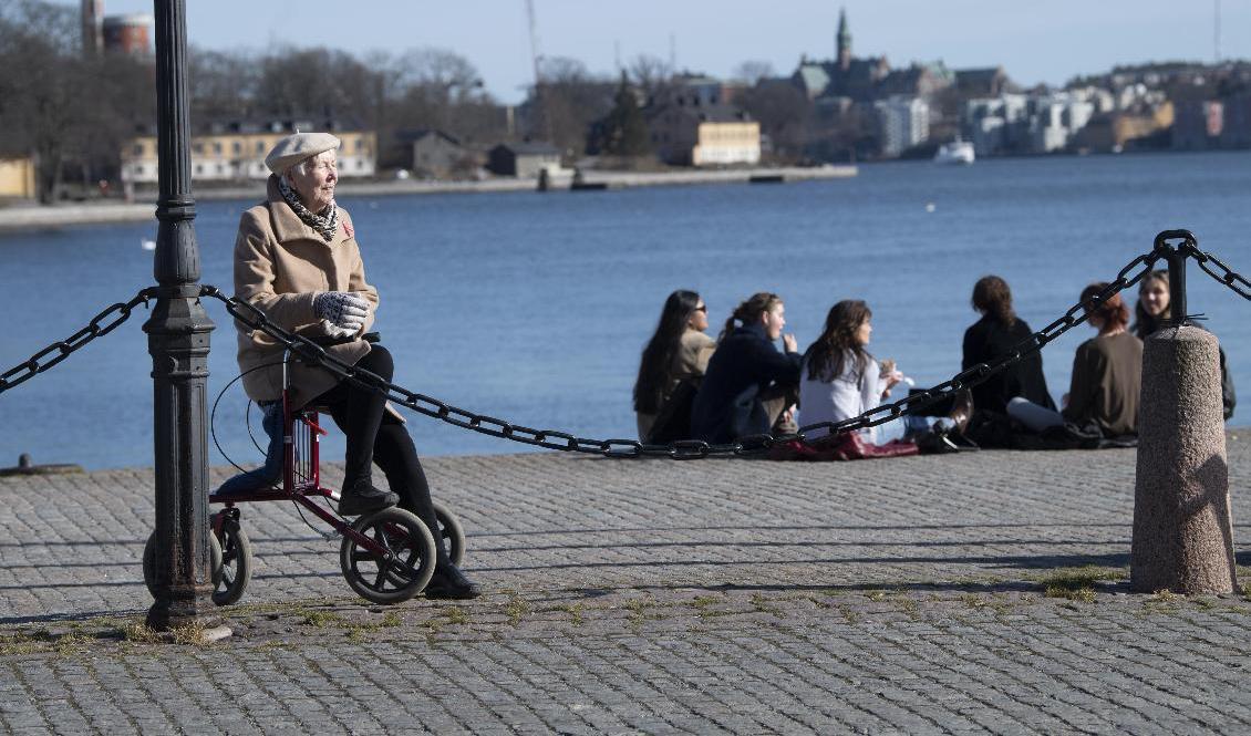 Solsugna huvudstadsbor njuter av vårvärmen på en kaj i Gamla stan i slutet av mars. Foto: Fredrik Sandberg/TT