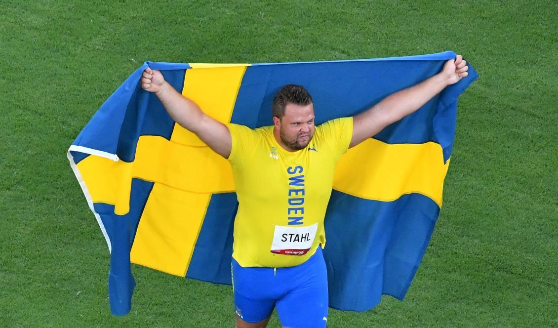 Daniel Ståhl jublar efter att ha vunnit diskusfinalen i sommar-OS i Tokyo i Japan den 31 juli 2021. Foto: Antonin Thuillier/AFP via Getty Images