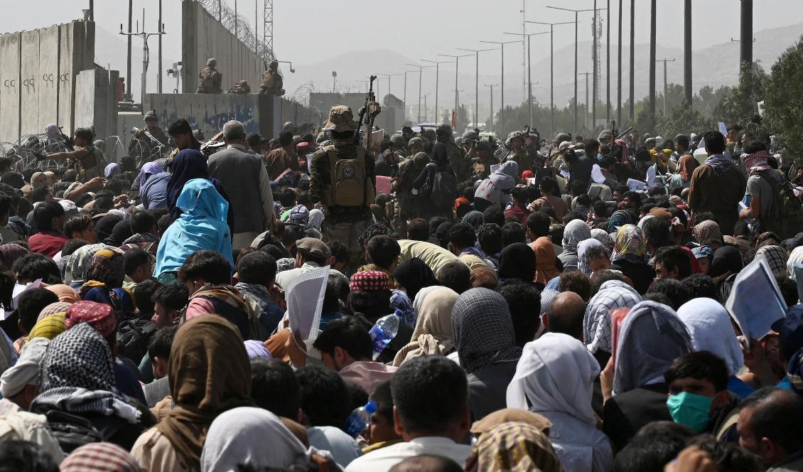Afghaner väntar på att evakueras av amerikanskt flyg utanför den militära delen av Kabuls flygplats, den 20 augusti. Foto: WAKIL KOHSAR/AFP via Getty Images