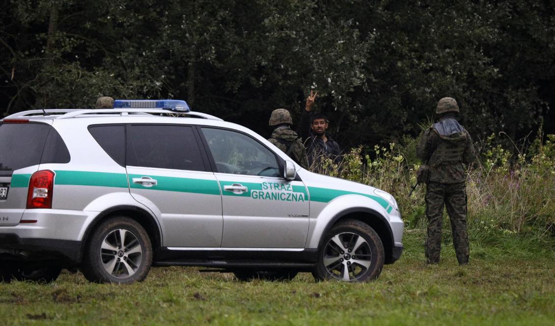 På bilden syns en migrant i bakgrunden i Usnarz Gorney nära Bialystok i östra Polen vid gränsen mot Belarus den 26 augusti 2021. Foto: Jaap Arriens/AFP via Getty Images