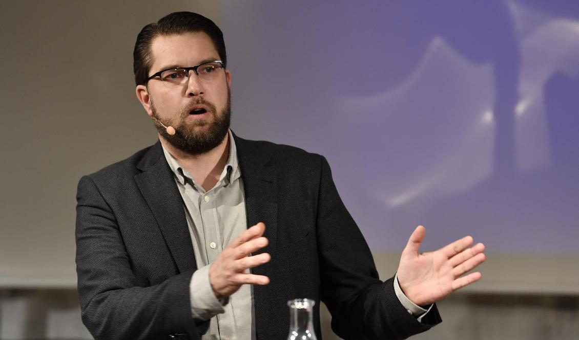 SD-ledaren Jimmie Åkesson håller sitt hösttal när Sverigedemokraternas kvinnoförbund har utbildningskonferens. Foto: Anders Wiklund/TT