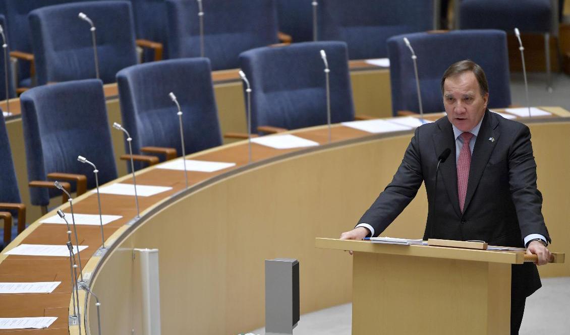 Statsminister Stefan Löfven (S) i riksdagen för återrapportering från Europeiska rådets möte. Foto: Henrik Montgomery/TT