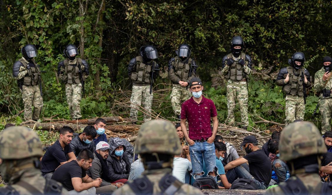 

Migranter i det lilla samhället Usnarz Gorny i närheten av Bialystok i nordöstra Polen vid gränsen mot Belarus den 10 augusti 2021. Foto: Wojtek Radwanski/AFP via Getty Images                                                                                        