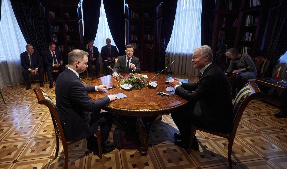 Polens Andrzej Duda, Ukrainas Volodymyr Zelenskyj och Litauens Gitanas Nauseda vid mötet i Karpaterna på måndagen. Foto: Ukrainas presidentstab via AP/TT