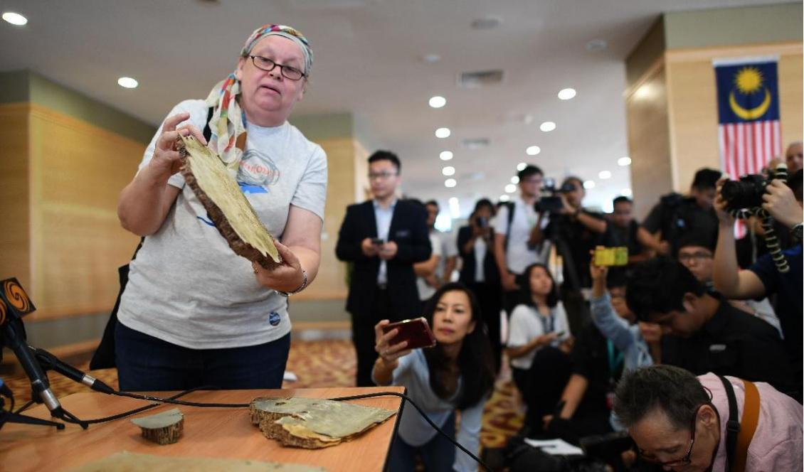 


Jacquita Gonzales, fru till stewarden Patrick Gomes på MH370, visar upp en vrakdel som tros komma från planet. Putrajaya den 30 november 2018. Foto: Mohd Rasfan/AFP via Getty Images                                                                                                                                    