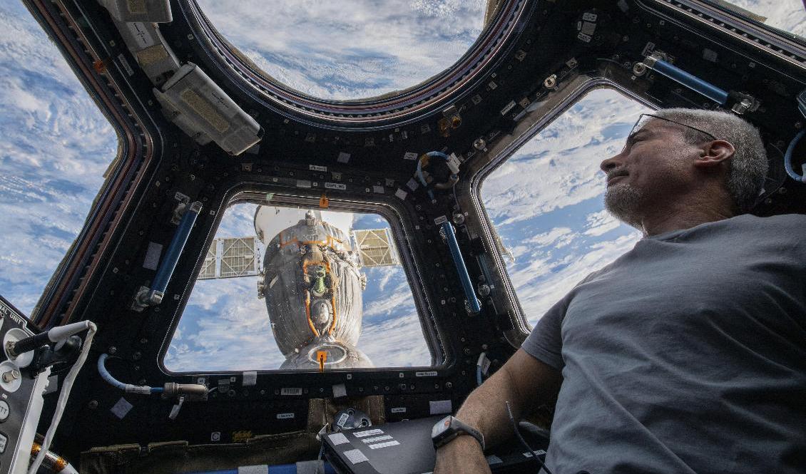 Astronauten Mark Vande Hei tittar ner på jorden från Internationella rymdstationen, ISS. Arkivbild. Foto: Kayla Barron/Nasa/AP/TT