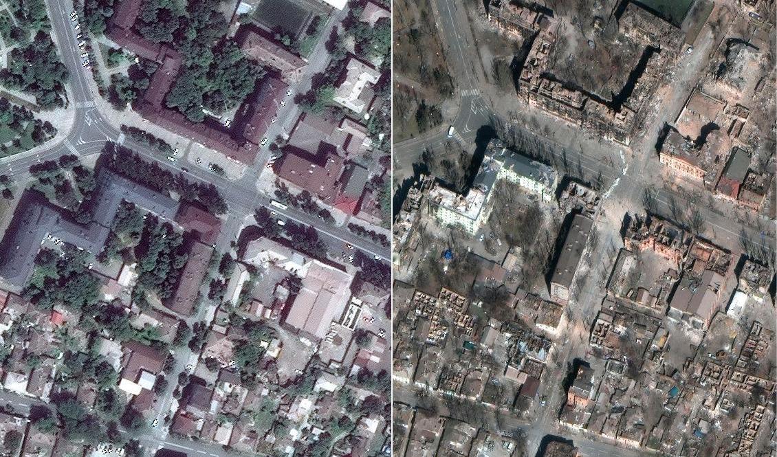 Satellitbilder visar hur ett bostadsområde i Mariupol såg ut före kriget och hur det förstörts i striderna. Den högra bilden togs den 30 mars. Foto: Maxar Technologies/AP/TT