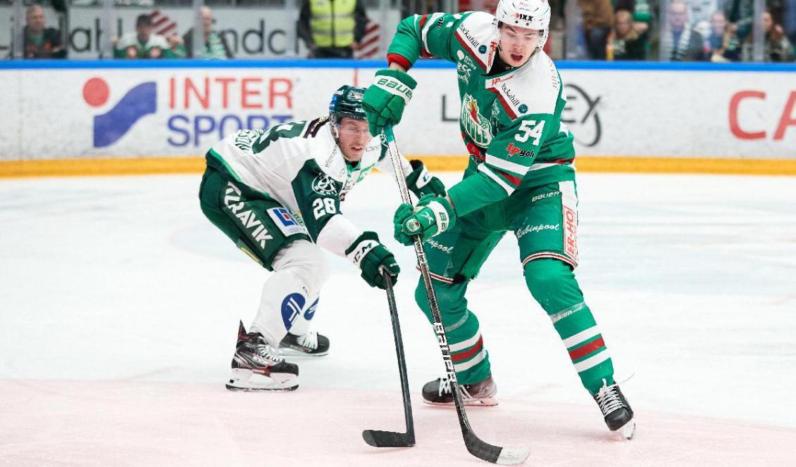 

Rögles William Wallinder (i grönt) kämpar mot Färjestads Mattias Göransson i den första semifinalen i SHL. Wallinder är uttagen till JVM nu.
Göran Jacobson Foto: Anders Bjurö/TT                                                                                        