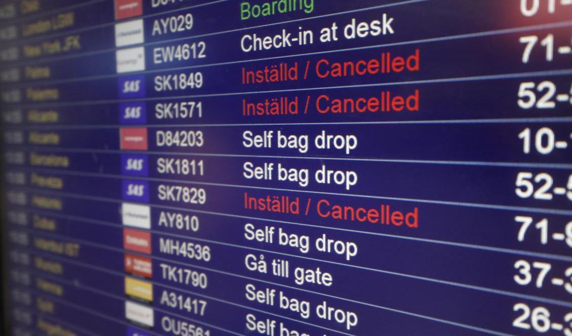 Inställda avgångar på Arlanda när 900 SAS-piloter går ut i strejk. Det handlar om mellan 200 och 250 plan dagligen, uppemot 30|000 passagerare berörs. Foto: Ali Lorestani/TT