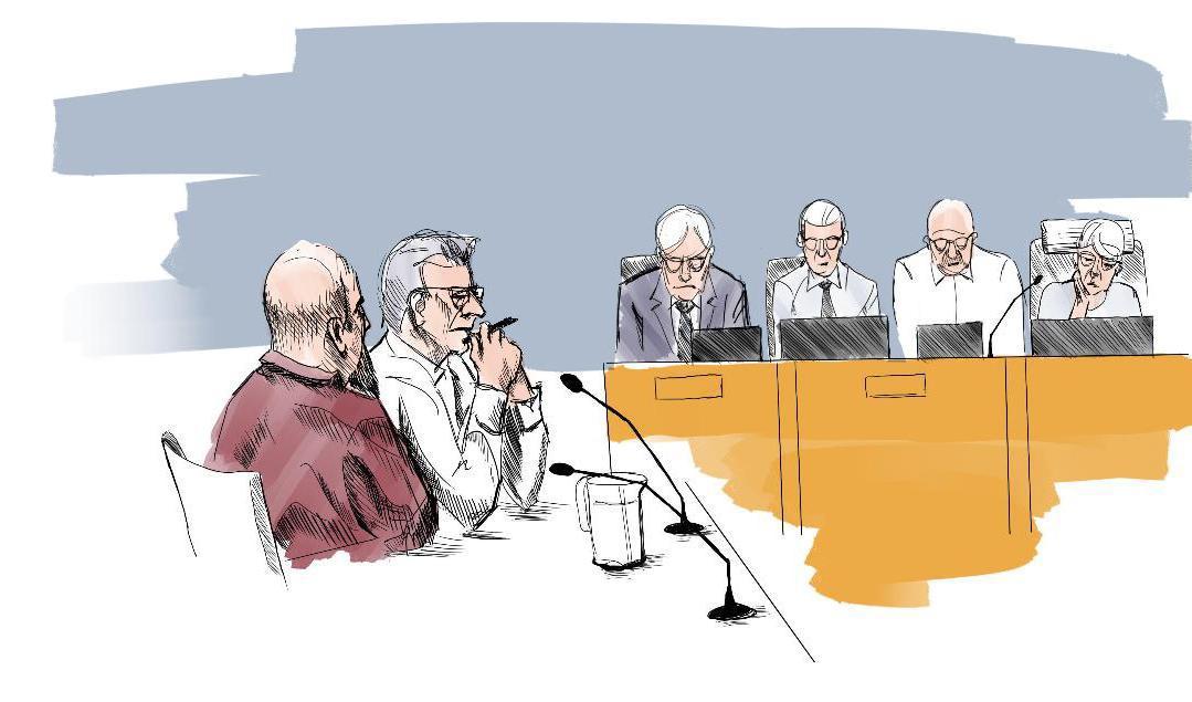 Illustration från förhandlingen i hovrätten om mordet på 16-åriga Malin Lindström i Husum 1996. I förgrunden den åtalade mannen och hans advokat. Foto: Johan Hallnäs/TT