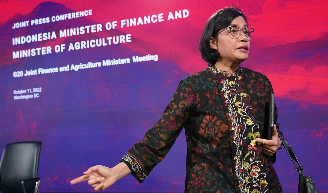 Indonesiens finansminister Sri Mulyani Indrawati konstaterade på en presskonferens i Washington i veckan att det är stora klyftor mellan G20-länderna just nu. Foto: Patrick Semansky AP/TT